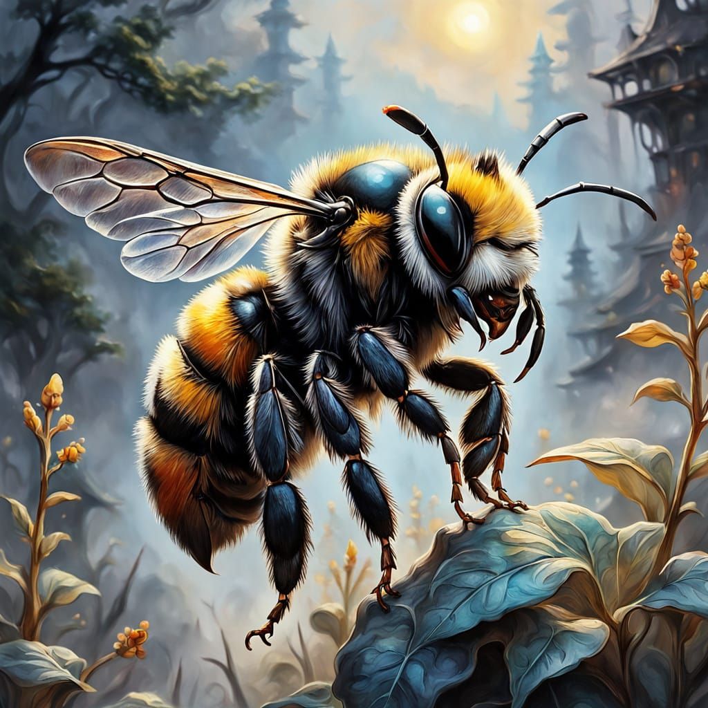 Bumblebee Dances: Ethereal Gouache Charcoal Drawing