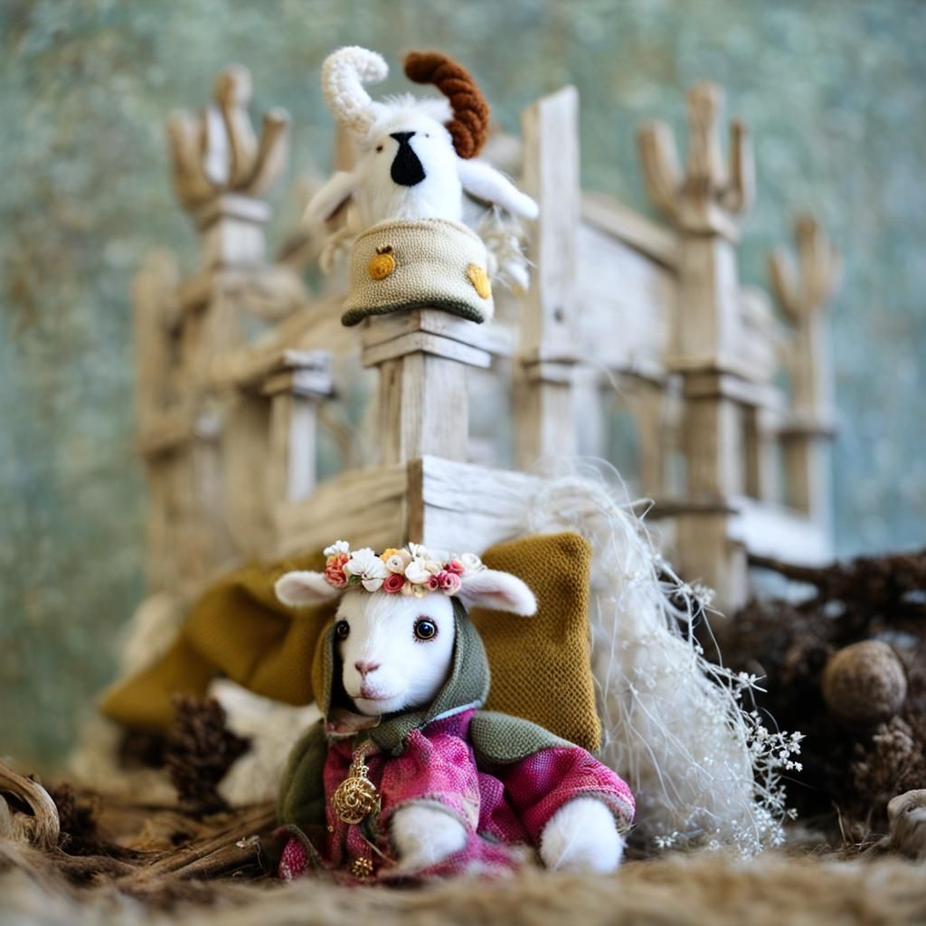 Happy Plushie Goats in Boots, Textile Art Style