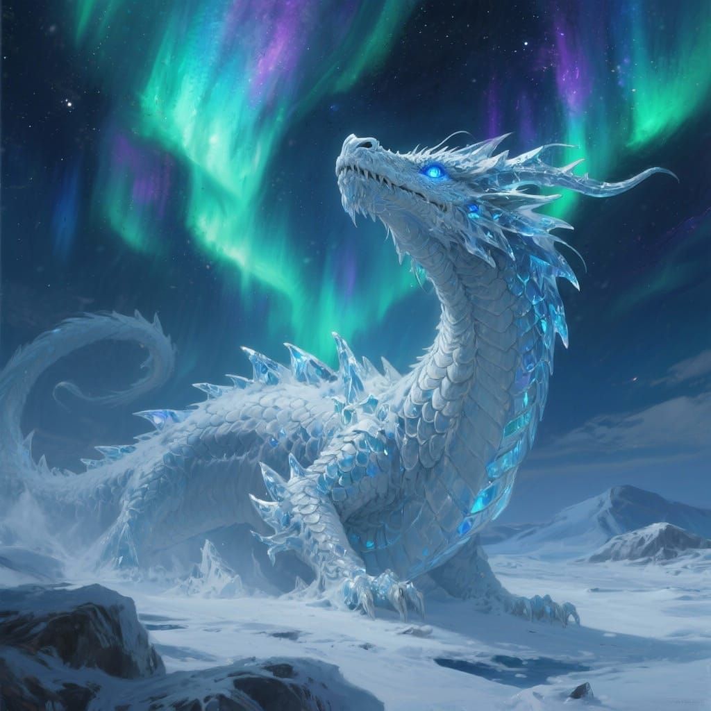 Snow Dragon Under Aurora Borealis