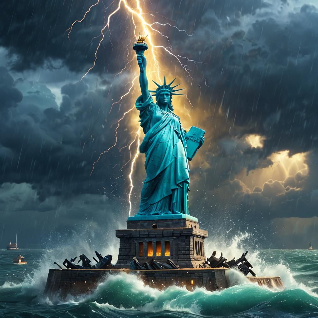 Statue of Liberty crying sinks into the sea,storm ,rain,lightning, Pixar, Disney, concept art, 3d digital art, Maya 3D, ...