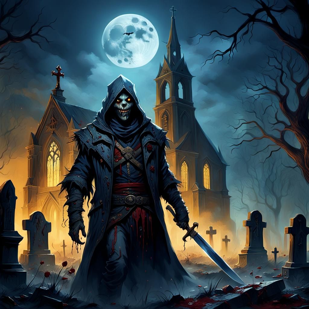 Eerie Graveyard Scene with Ominous Figure