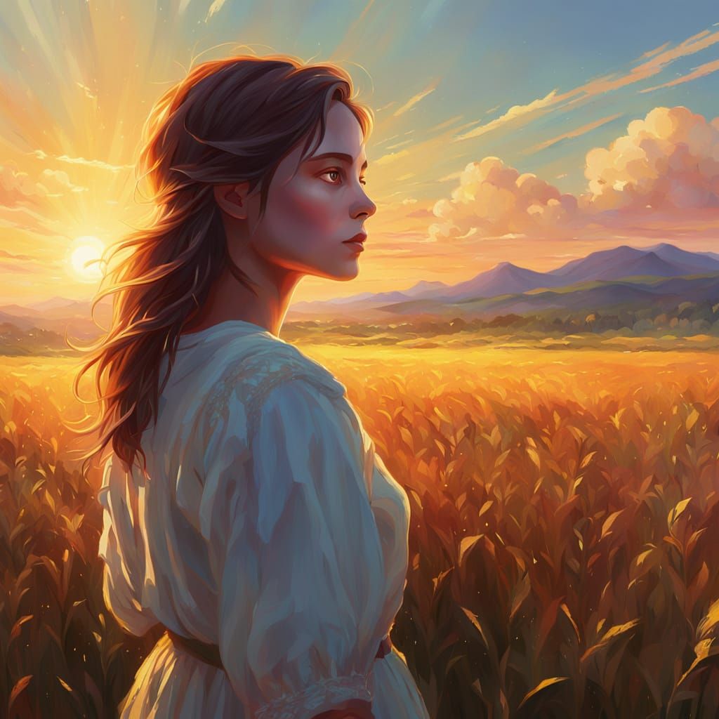 Ethereal Woman in Golden Hour Field Oil Painting