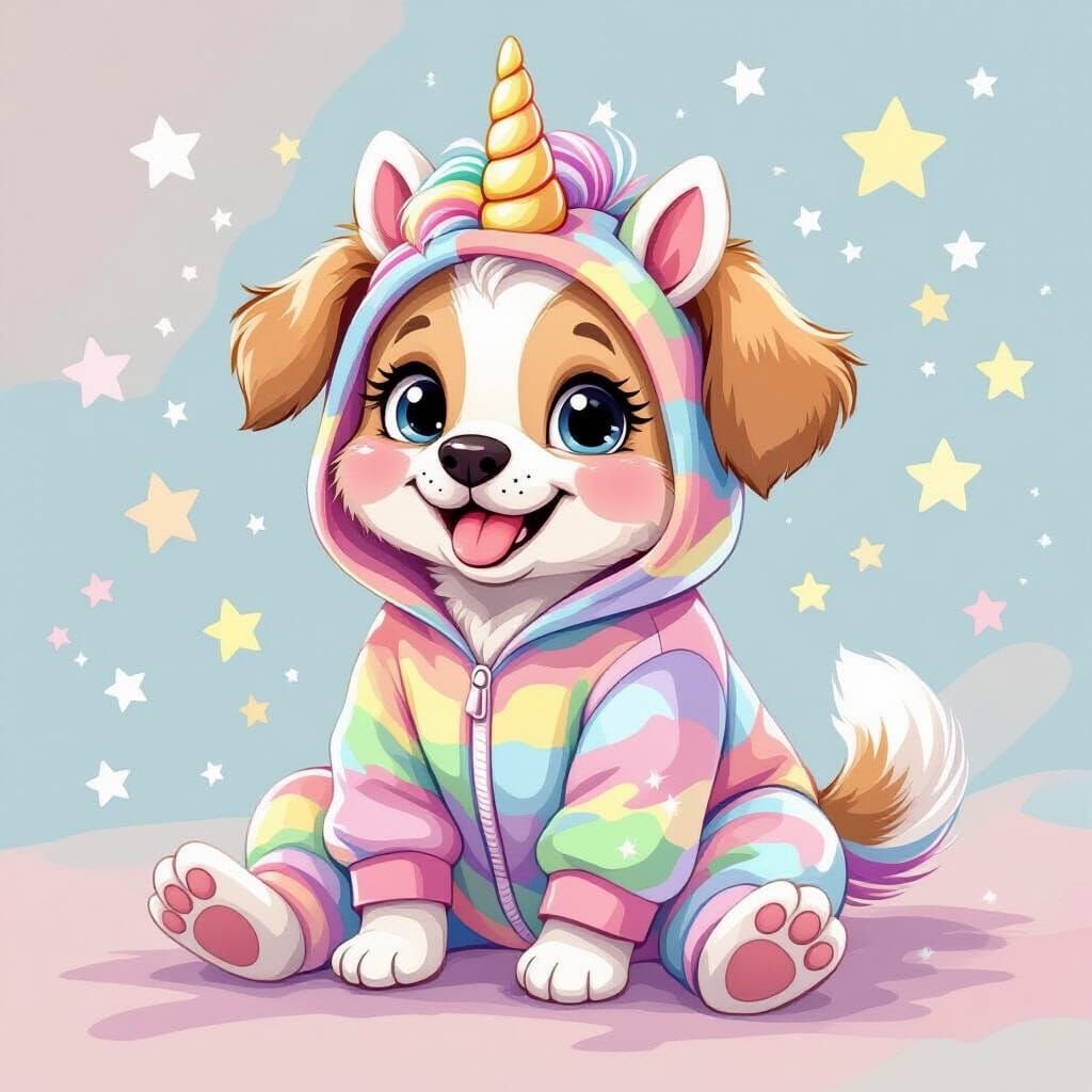 Adorable Puppy in Unicorn Pajamas, Whimsical Cartoon Style