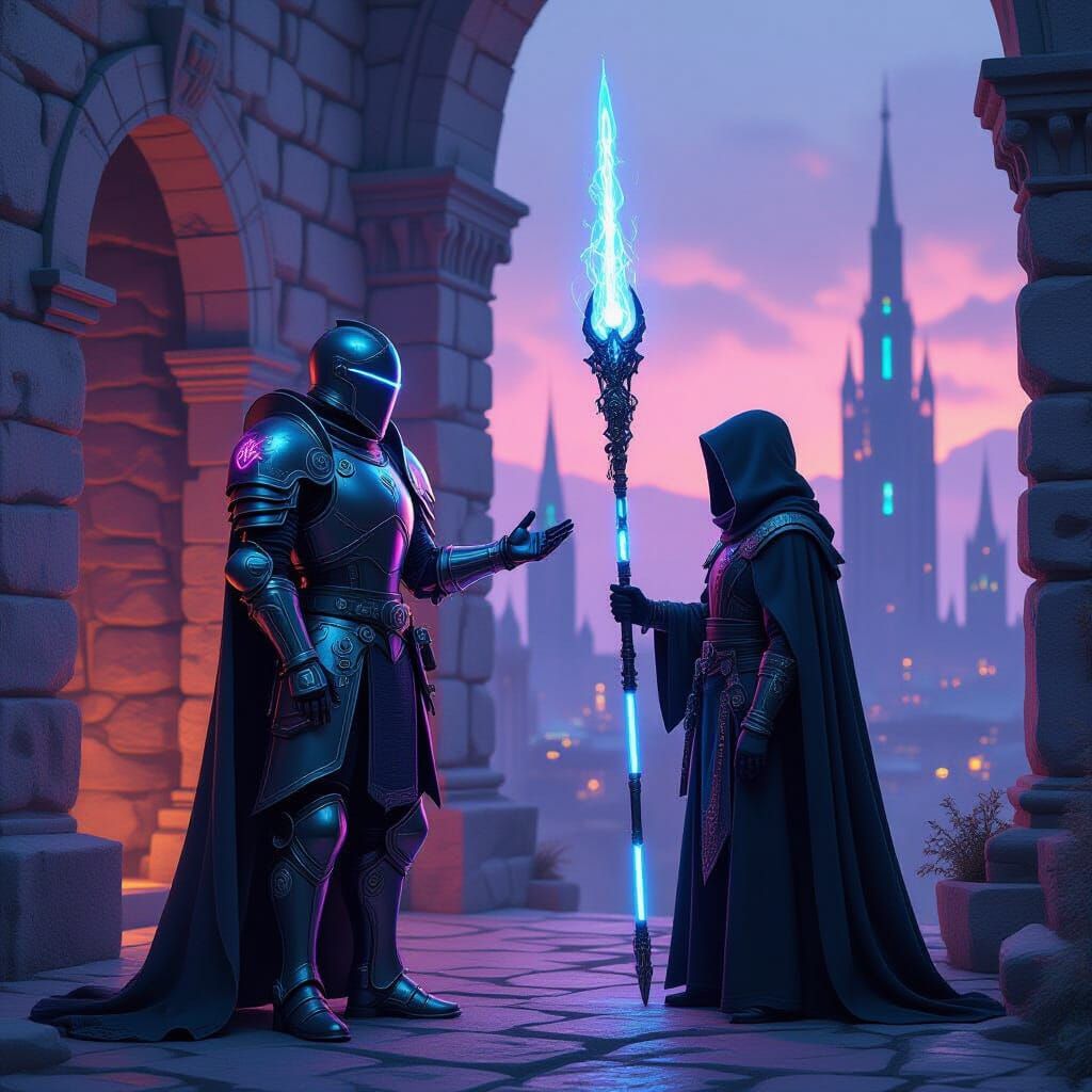 Cyberpunk Knight and Alien Wizard Encounter