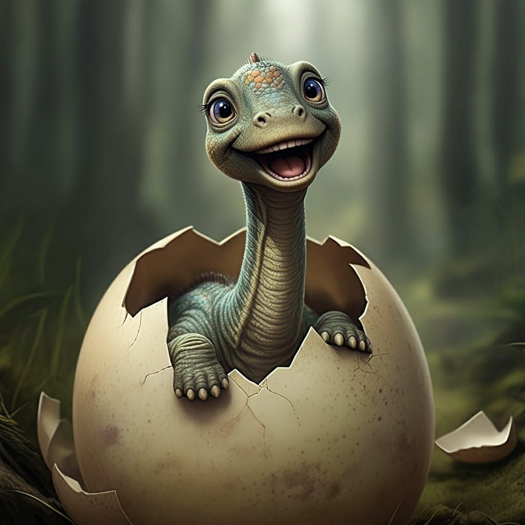 Young Diplodocus Emerges from Egg with Smiling Face
