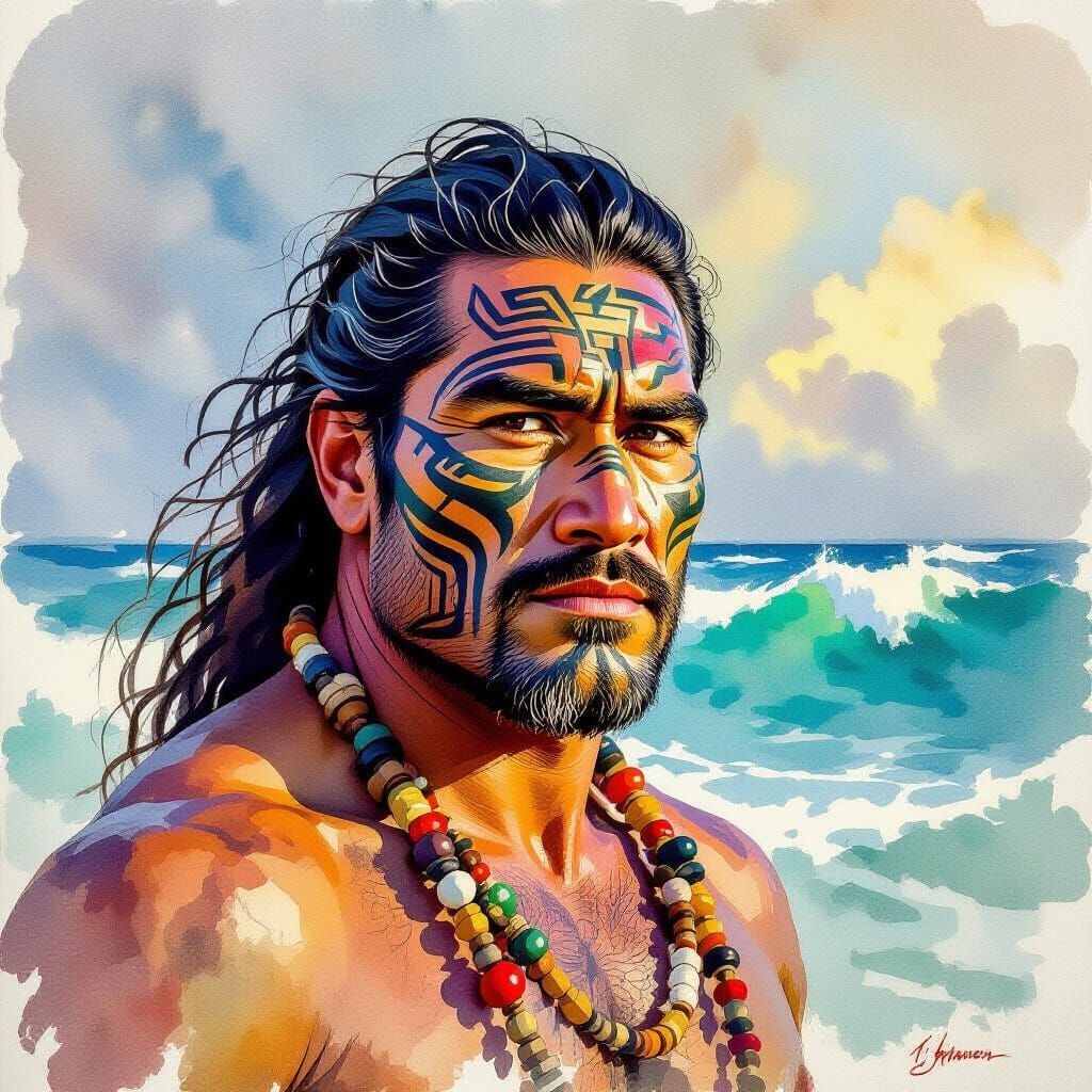 Maori Man Portrait in Expressive Watercolor Style