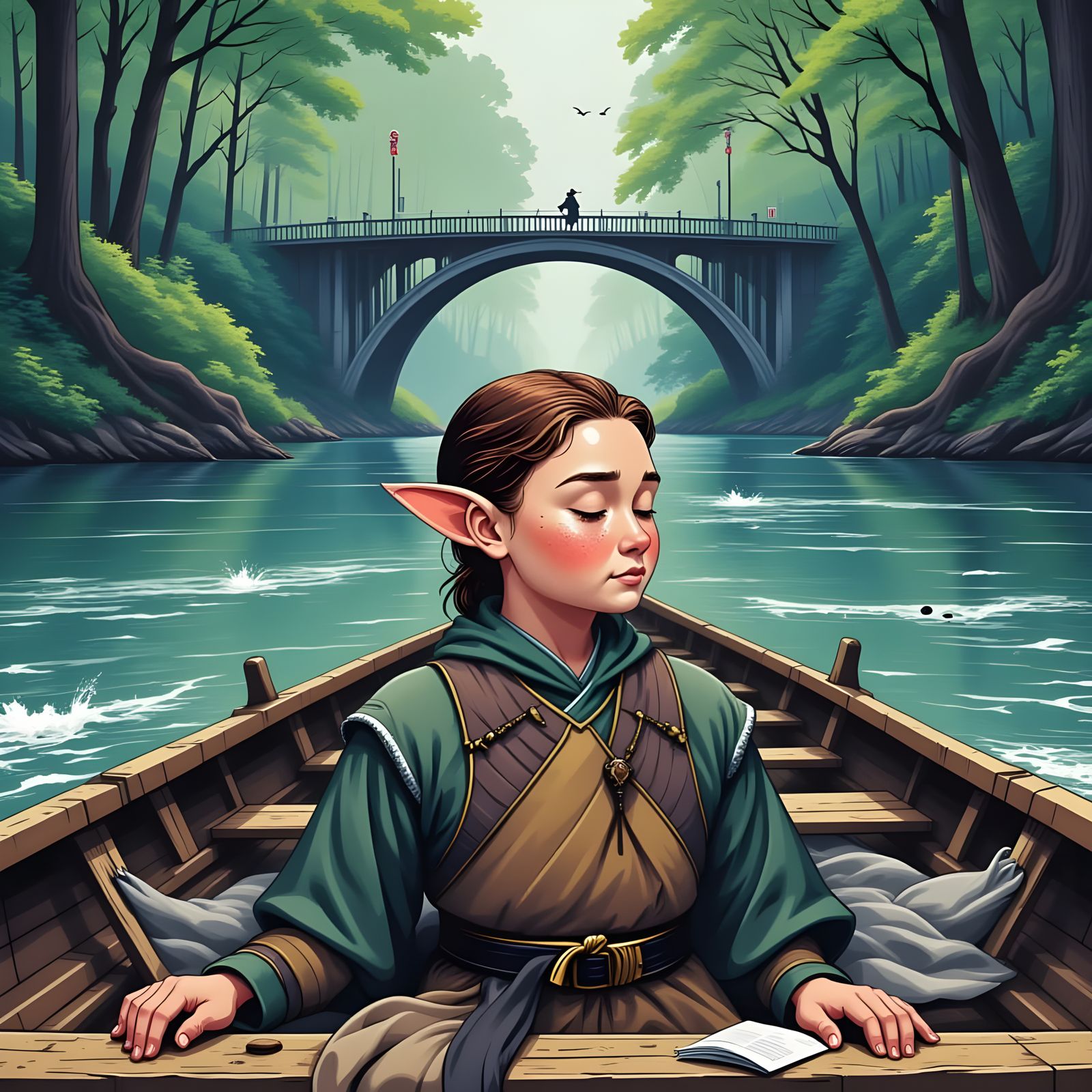 Riverboat/awake 12-year-old elvish boy laying on the ground, 4th century clothes, a bridge behind him/  high detail face...