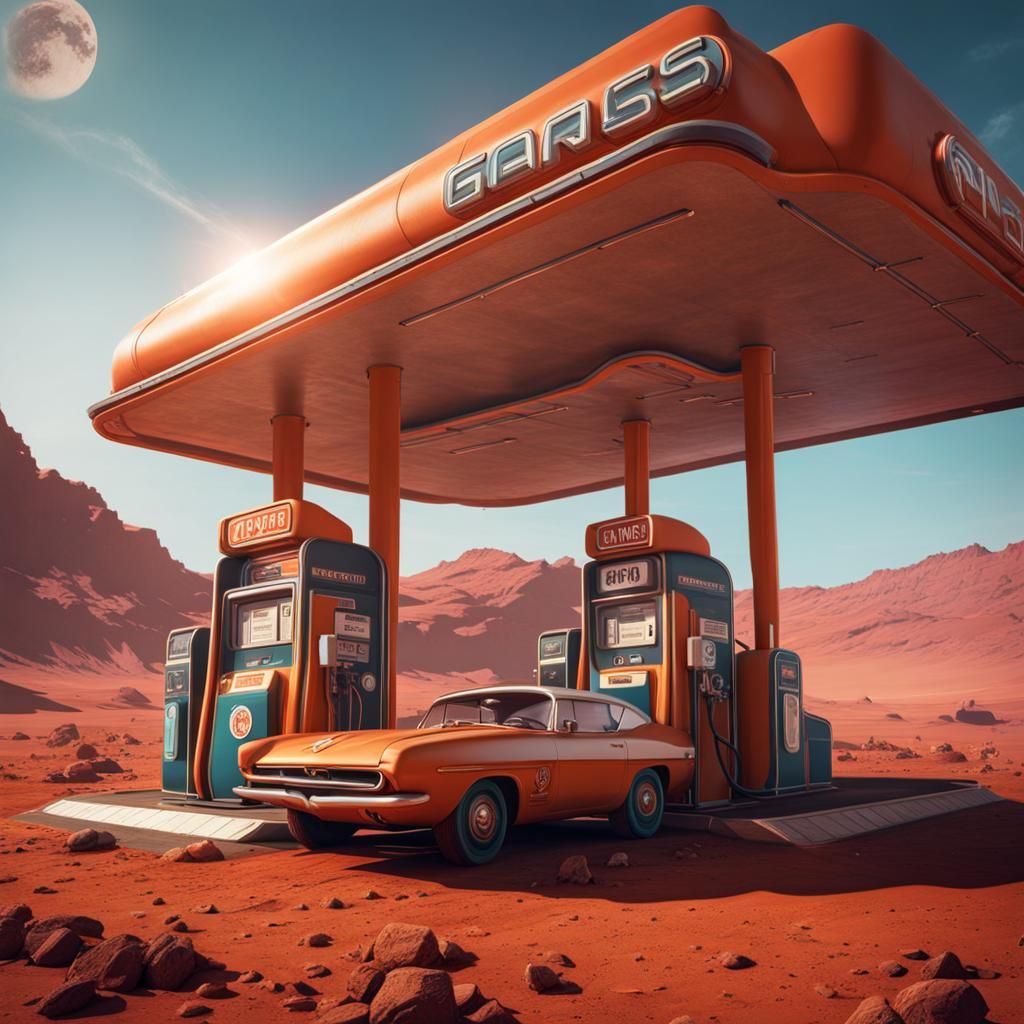 Retro Gas Station on Mars: Detailed Matte Painting