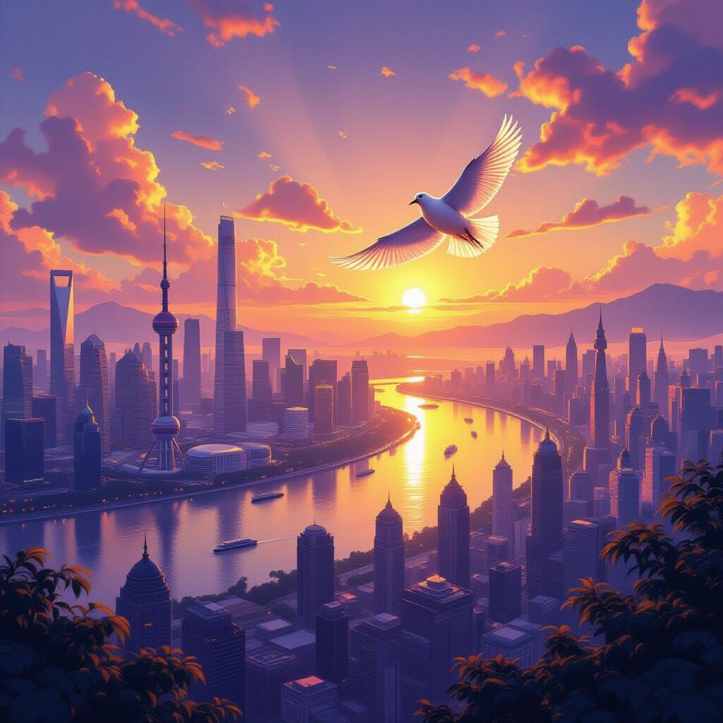 Golden Utopian Cityscape with Fluffy Bird