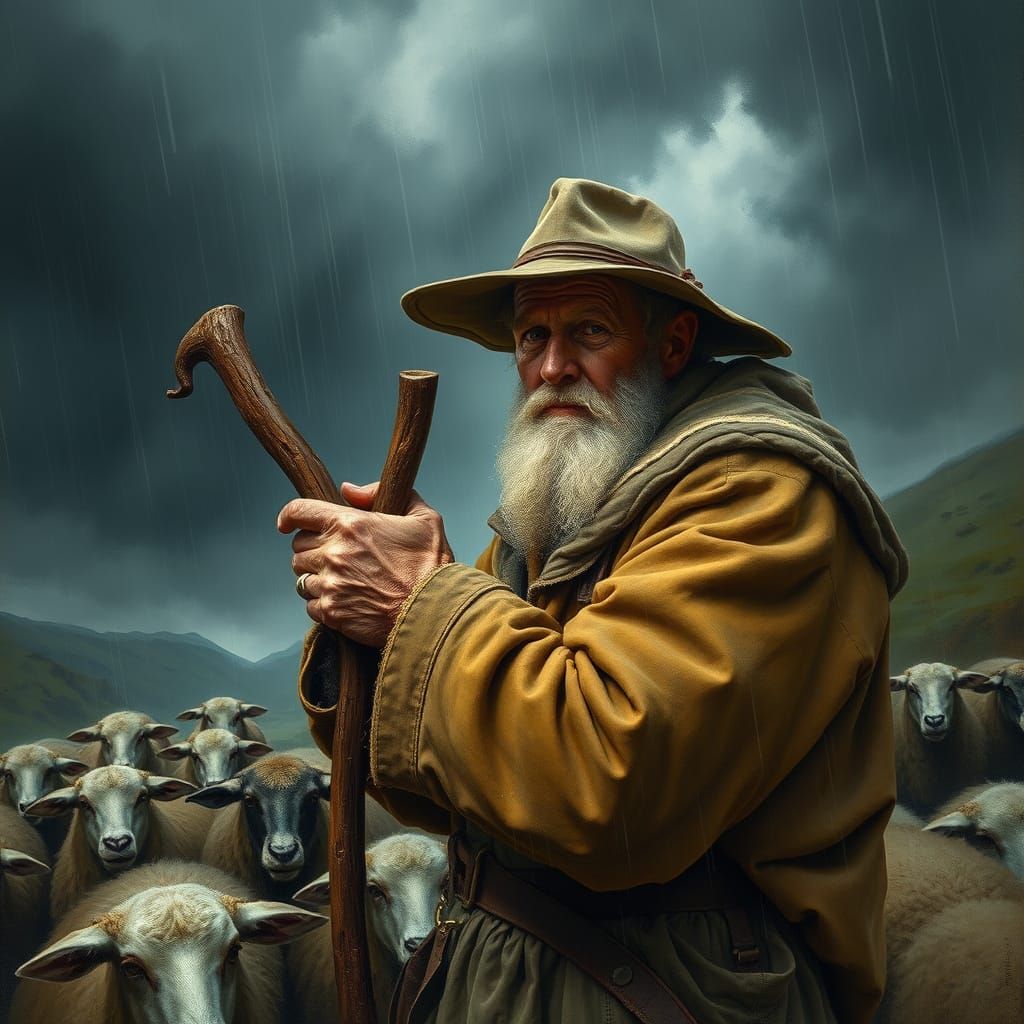 Rugged Shepherd Battles the Elements in Dramatic Landscape