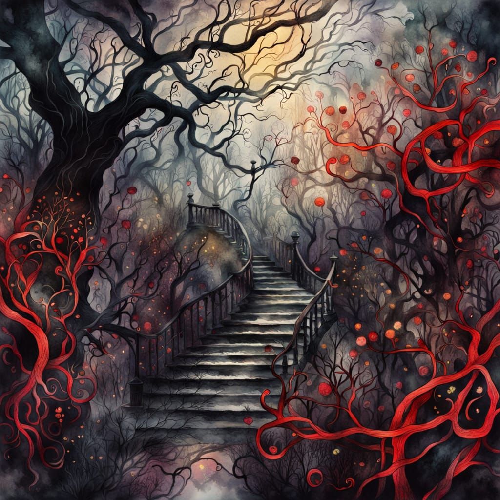 Eerie Garden: Watercolour Fantasy Art in Golden Light