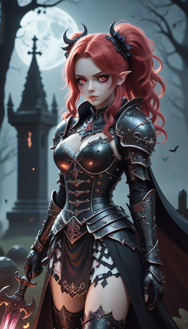 Gothic Knightess in Haunted Graveyard