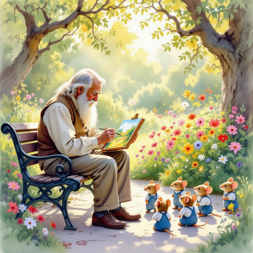Elderly Artist Paints Miniature Scene with Mice, Watercolor ...