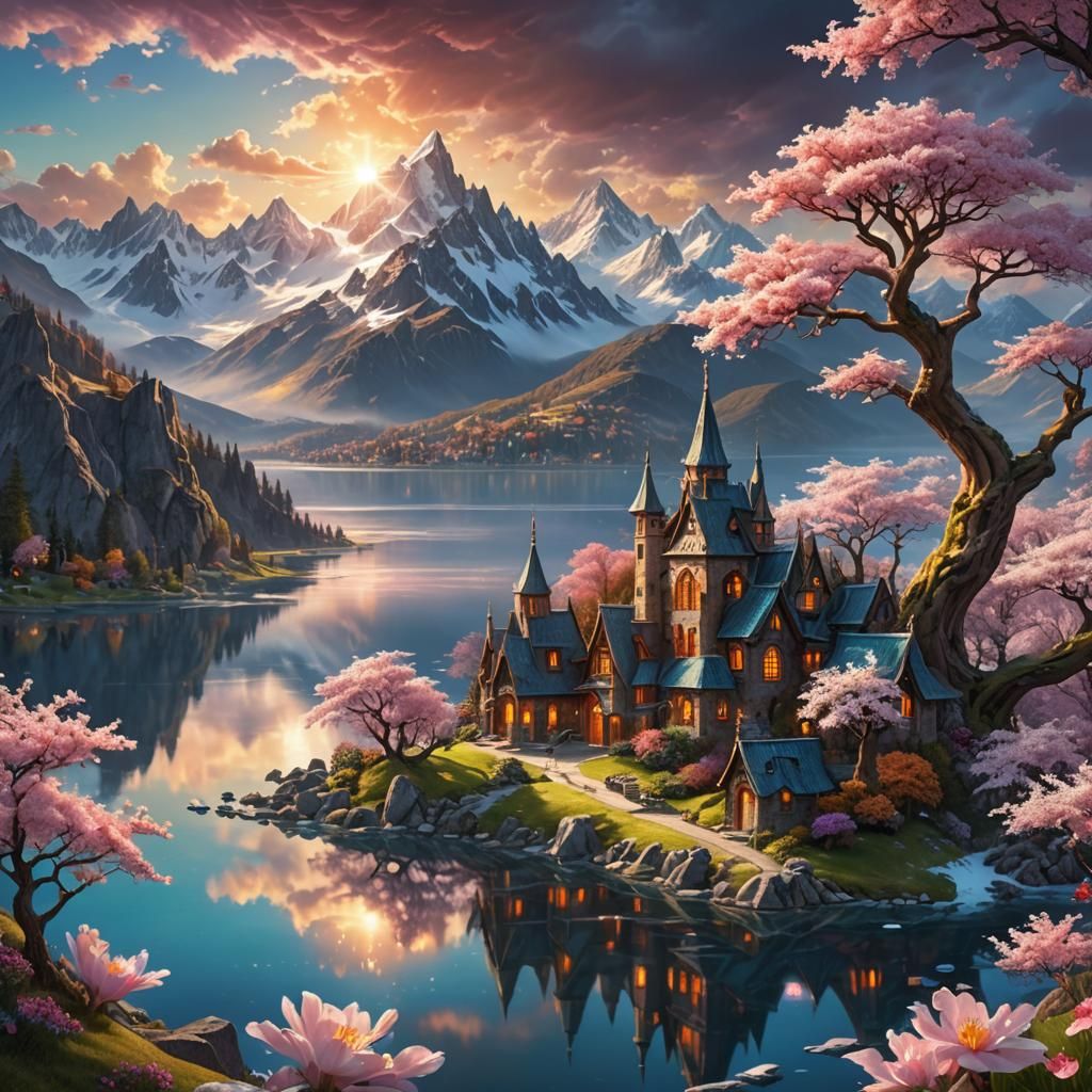 Enchanting Fairy City at Sunset: A Fantasy Landscape