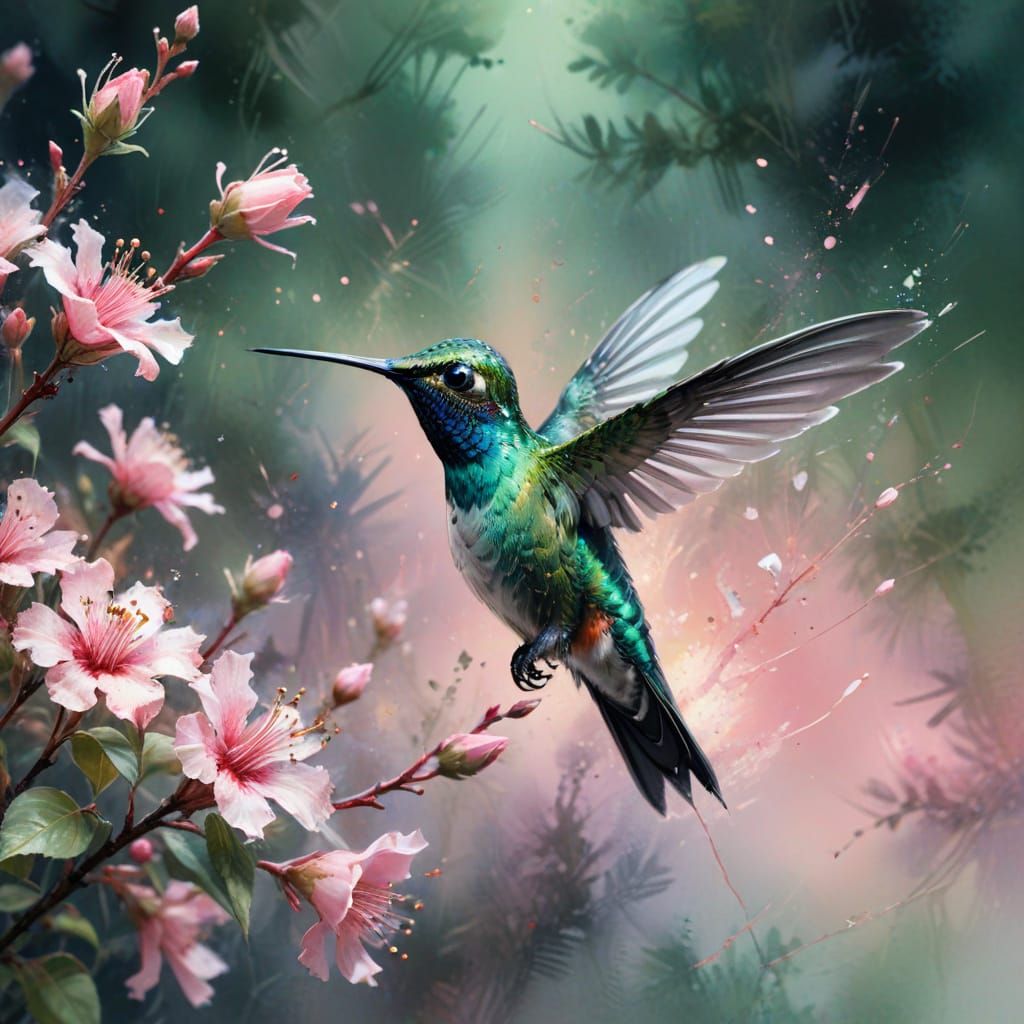 Emerald Hummingbird in Rosy Twilight Watercolour