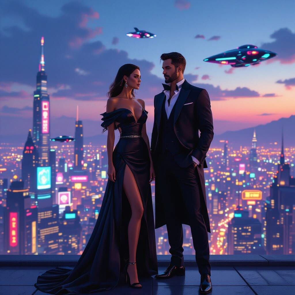 Stylish Couple on Rooftop Overlooking Futuristic Metropolis ...