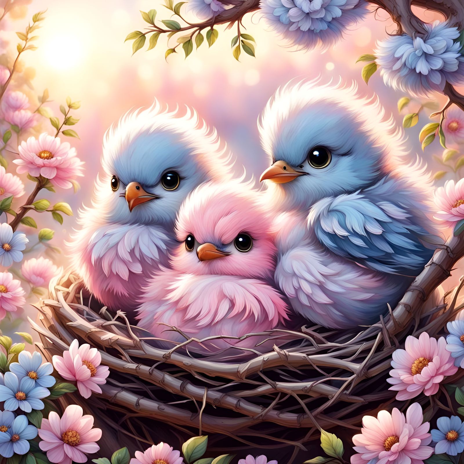 Cute Baby Birds in Nest at Sunrise