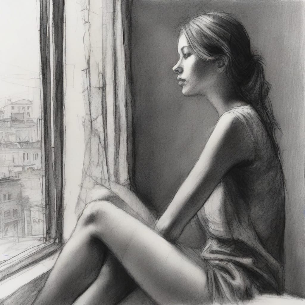 Charcoal Sketch of a Girl Lost in Thought