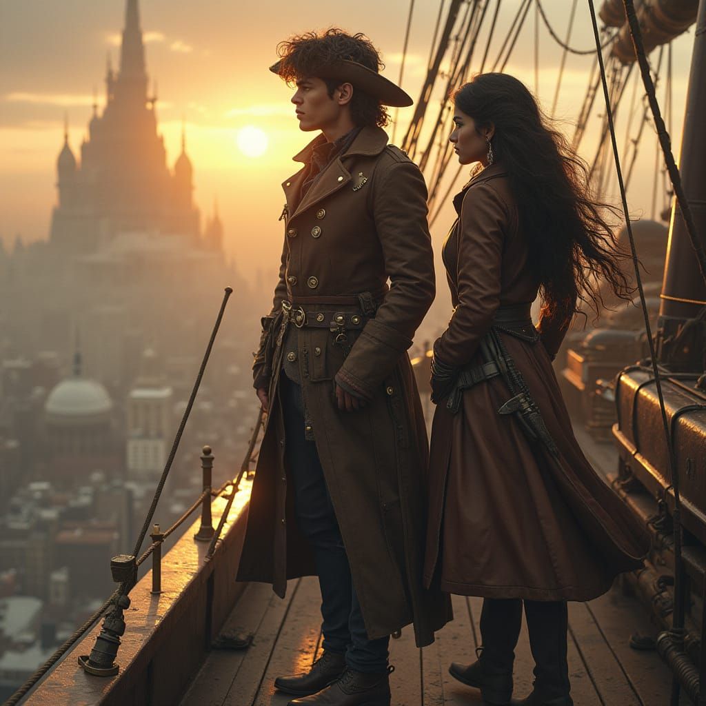 Steampunk Airship Pirate on Deck in Detailed Realism