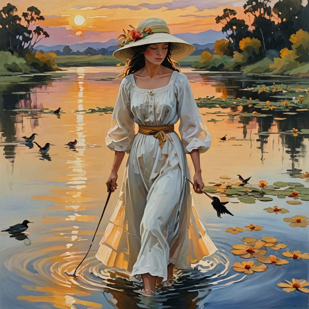 Fisherwoman at Sunset in Impressionist Oil Painting