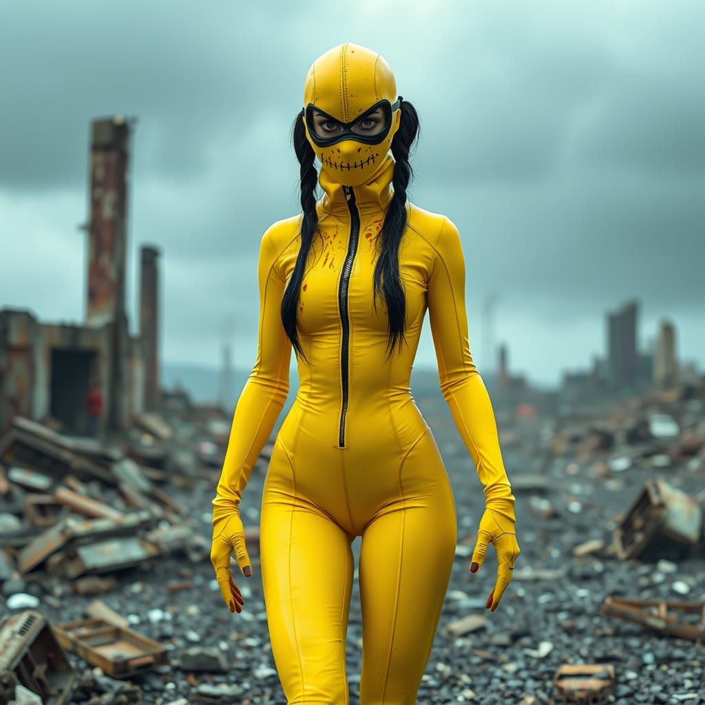 Post-Apocalyptic Woman in Yellow Latex Catsuit