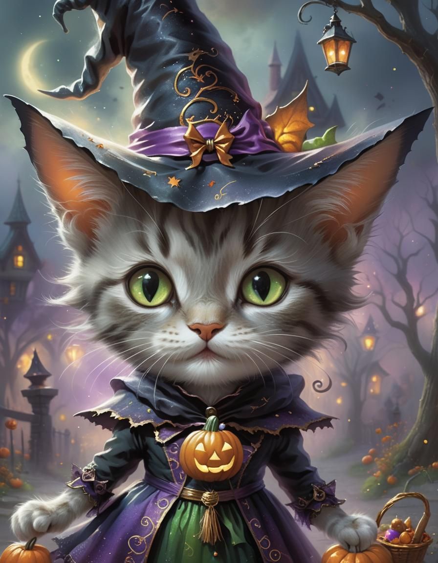 Kitten Witch Trick-or-Treating in Fantasy Style
