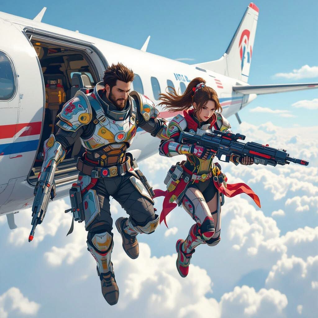 Dynamic Armored Figures in Flight: 3D Anime Art