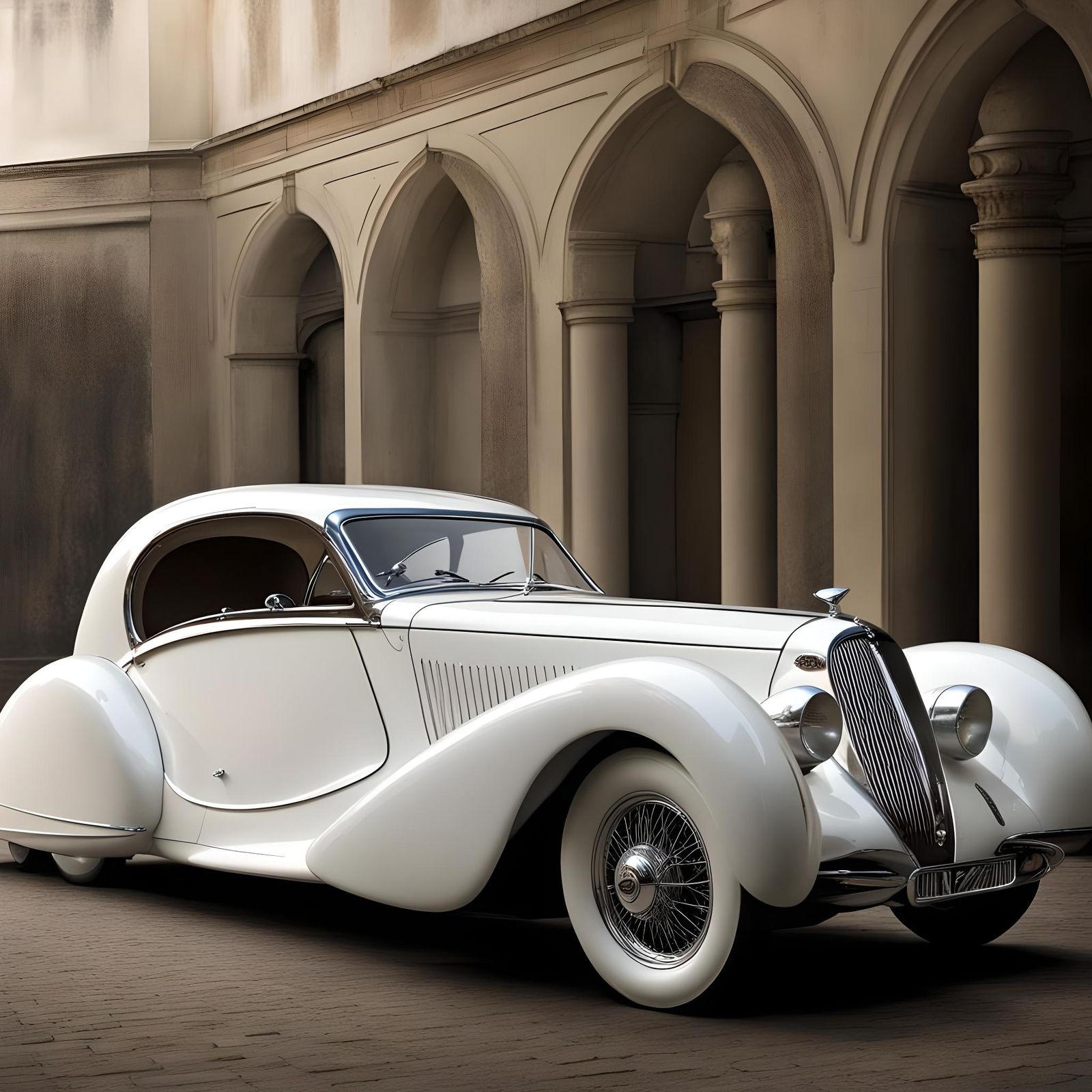 Aerodynamic White Sedan in Talbot Lago Style