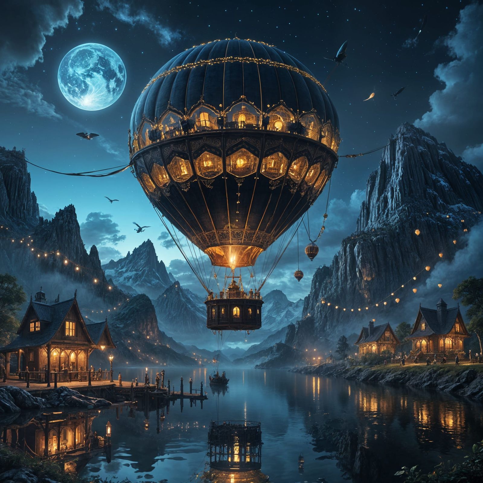 Steampunk Earth Balloon over Mountain Lake