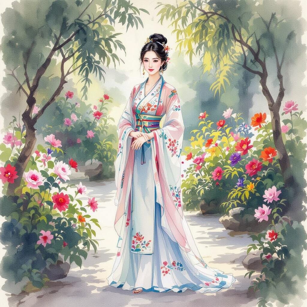 Elegant Woman in Garden, Impressionist Style