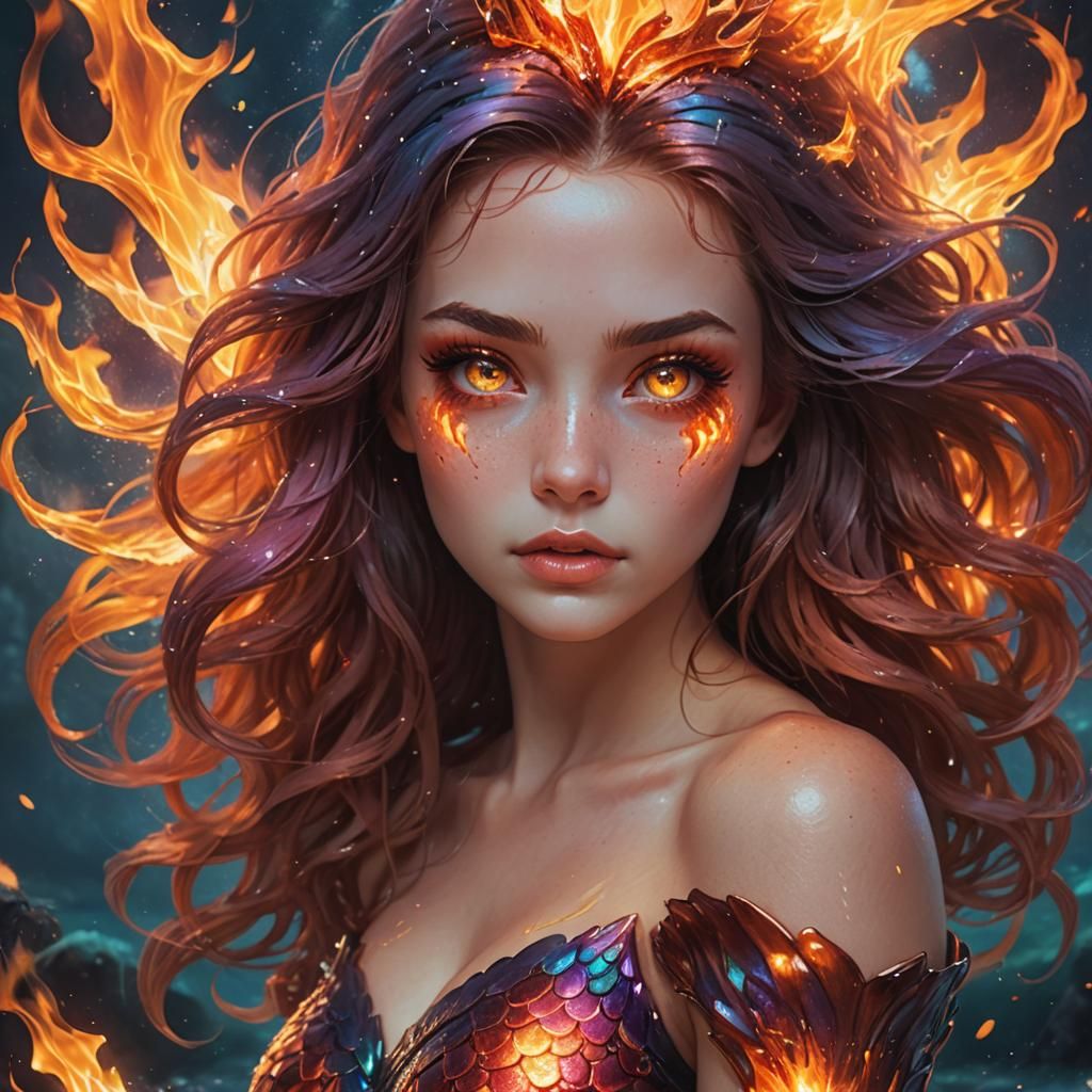 Beautiful Fire Mermaid Princess in Hyperrealistic Style