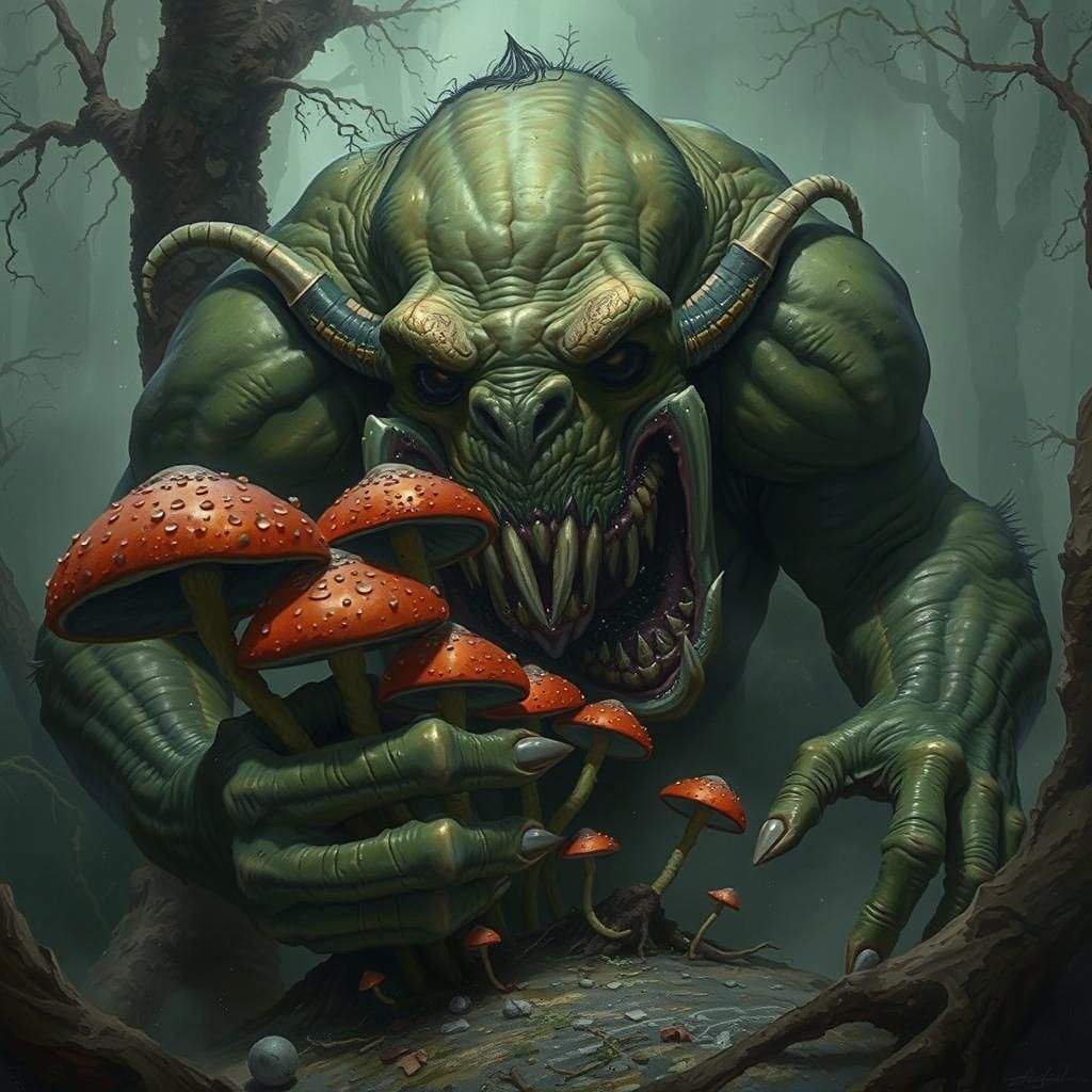 A massive, hulking green troll with gnarled, bulbous warts covering his face, his tusked mouth agape as he devours a clu...