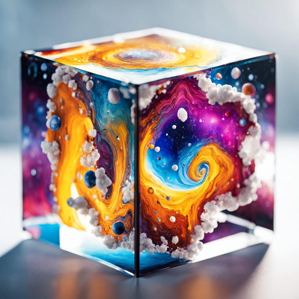 Hyper-Realistic Glass Cube Universe in Cosmic Digital Art