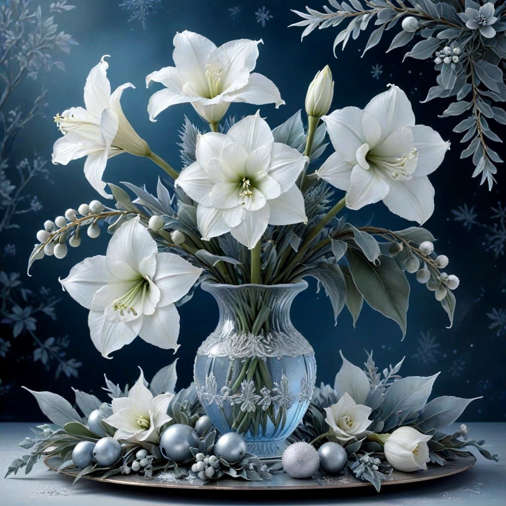 Elegant Winter Amaryllis Arrangement with Frosted Eucalyptus