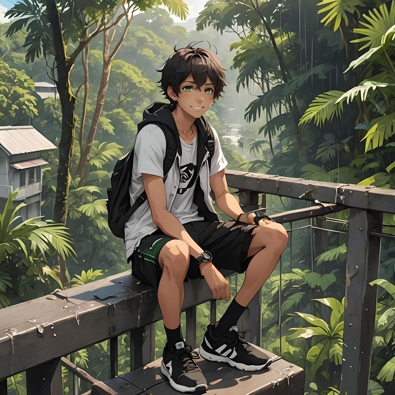 Anime Boy in Amazon Rainforest on Rainy Day