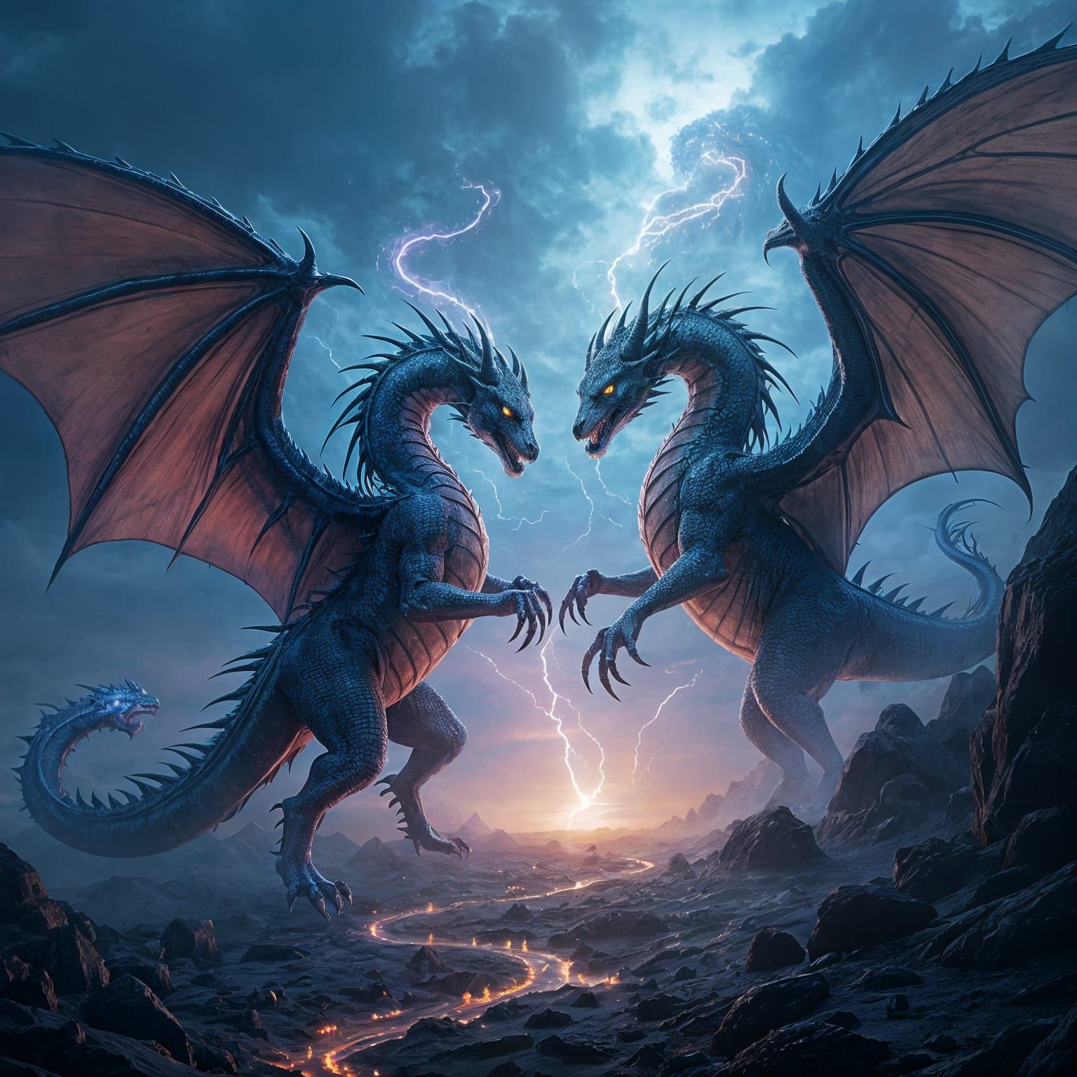 Midnight dragons fiercely engage in a spellbinding battle, f...