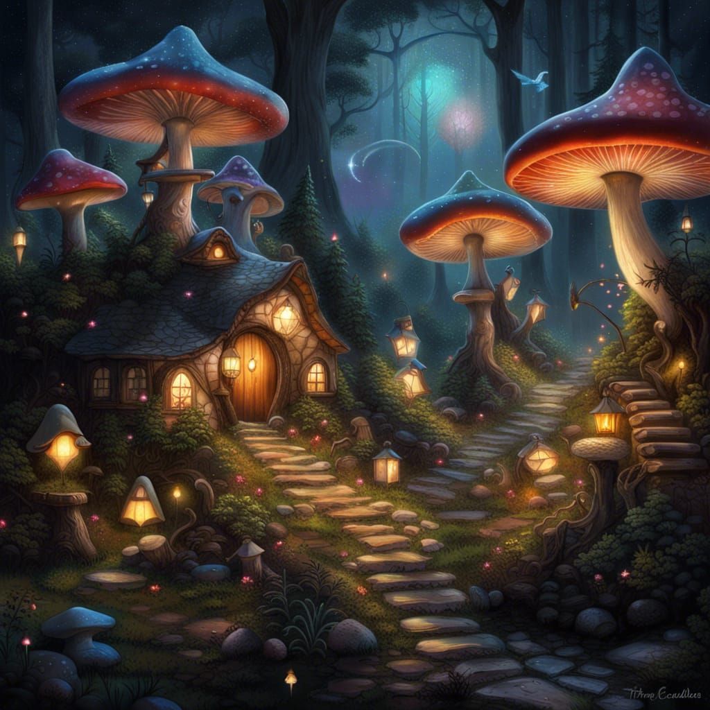 Enchanted Fairy Village at Night in Forest Clearing
