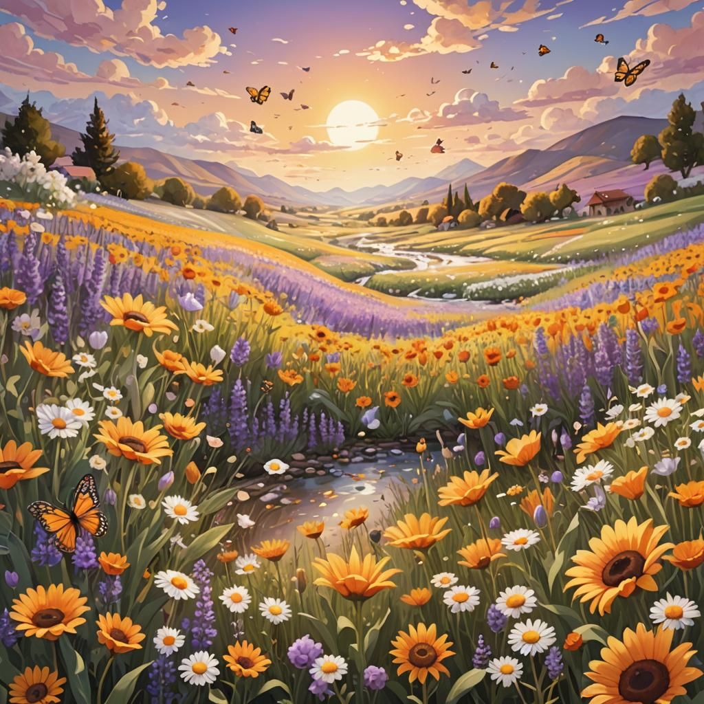 Dreamy Flower Field Landscape Concept Art