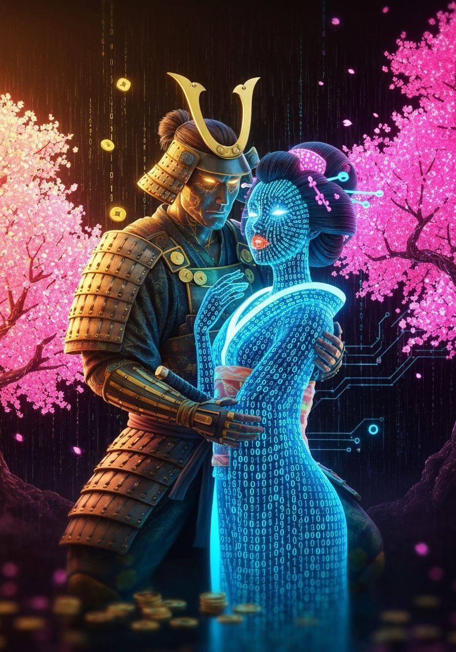 Binary Code Couple Samurai and Geisha in Digital Surrealism