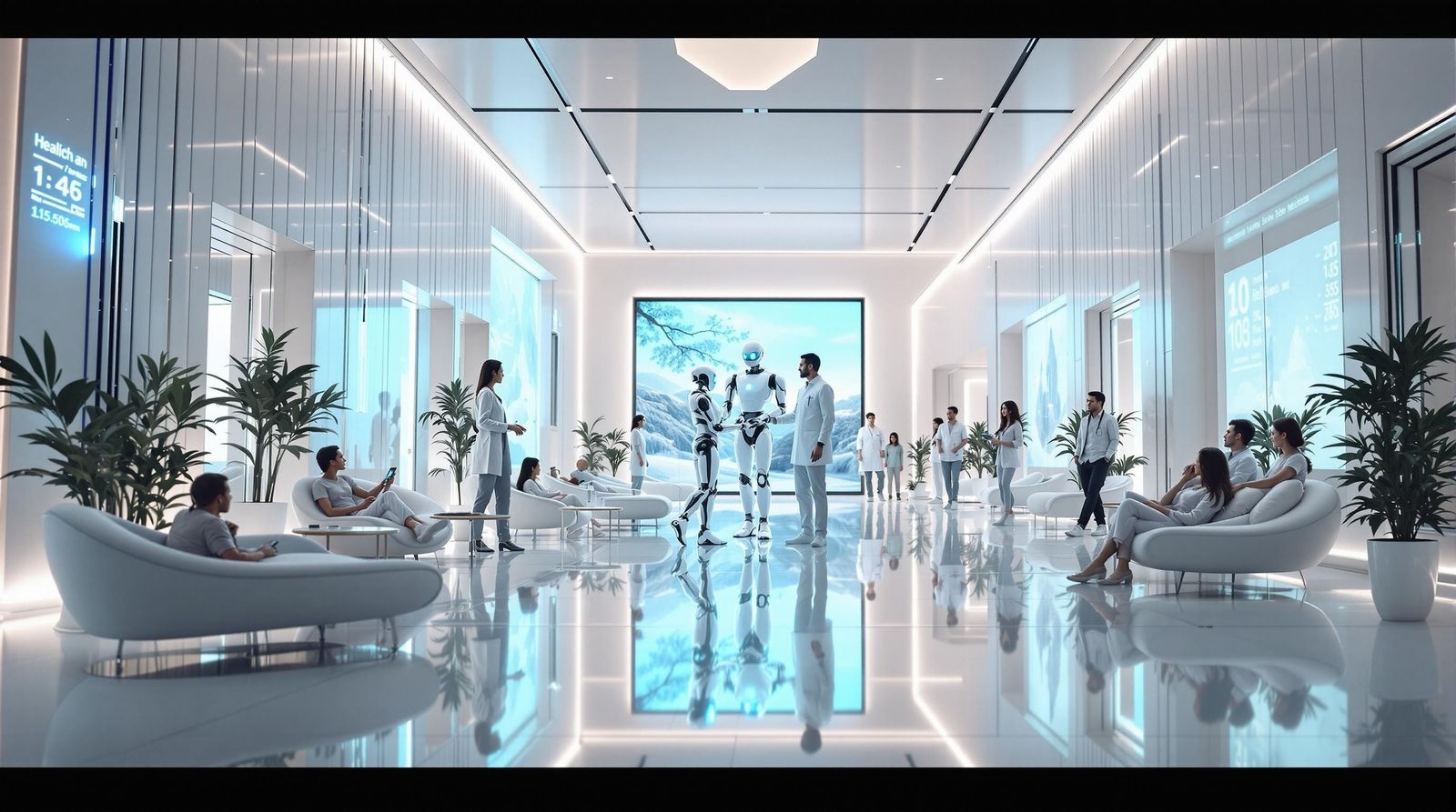 Futuristic Hospital Lobby in Soft Ambient Glow with AI Techn...
