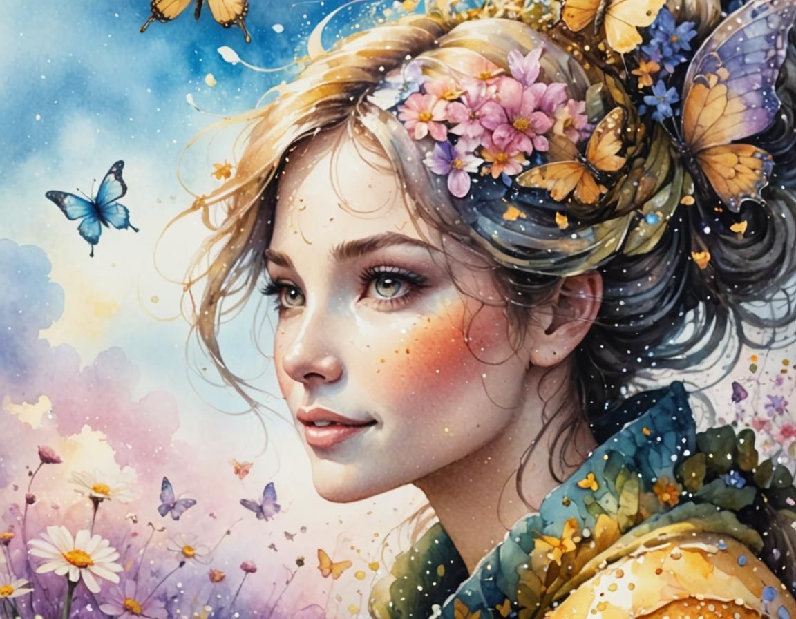 Smiling Fairy in Magical Meadow, Watercolor Pointillism Art