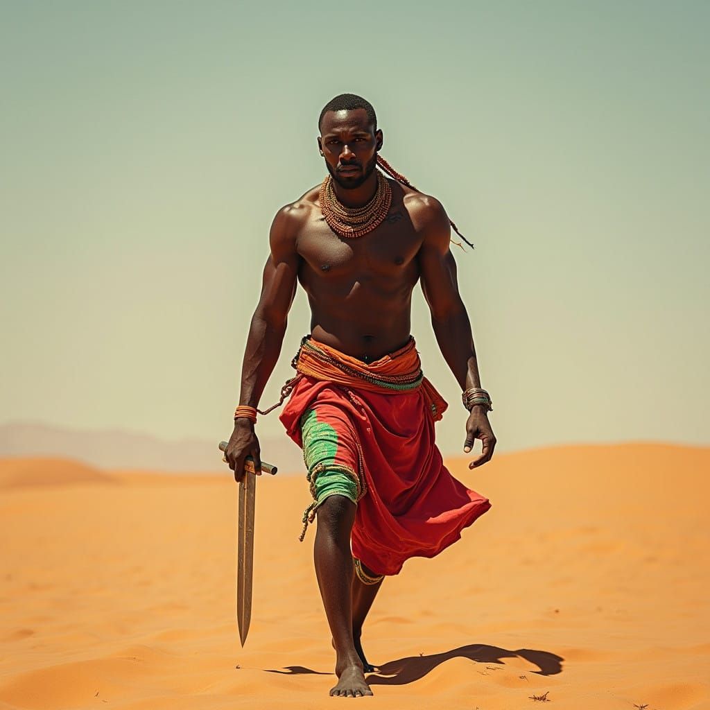 African Warrior Walking the Desert Railway Tracks with Vibra...