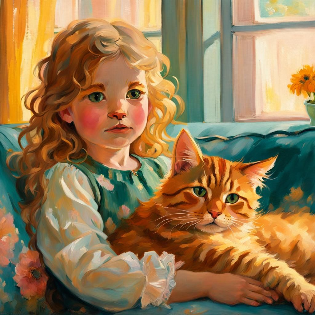 Girl and Cat: Spanish Impressionist Oil Painting