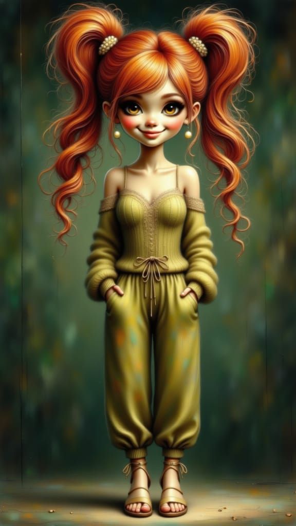 Whimsical Cartoon Girl in Avocado Green Outfit