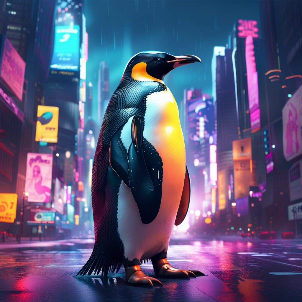 Giant Penguin in Cyberpunk City: Hyperrealistic Splash Art
