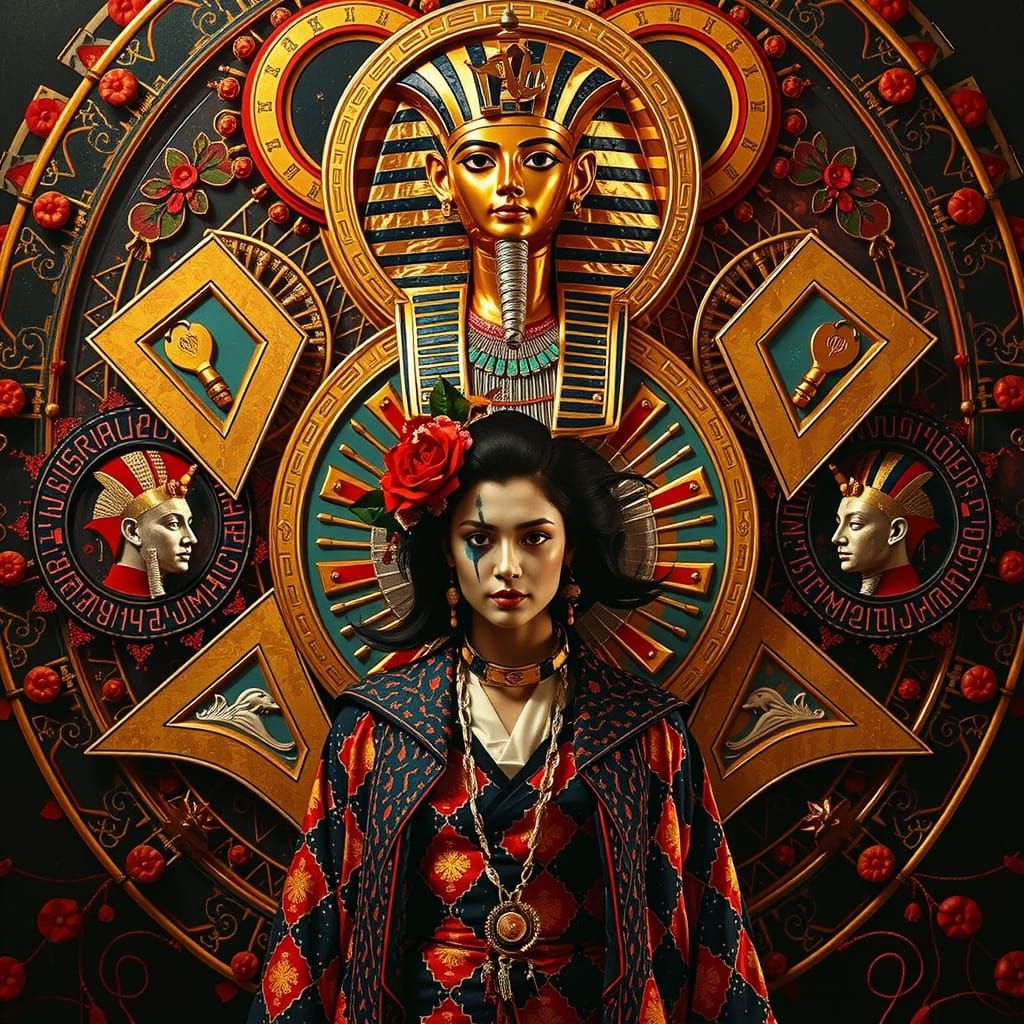 Harlequin, Geisha, and Tutankhamun in Photorealistic Full Bo...