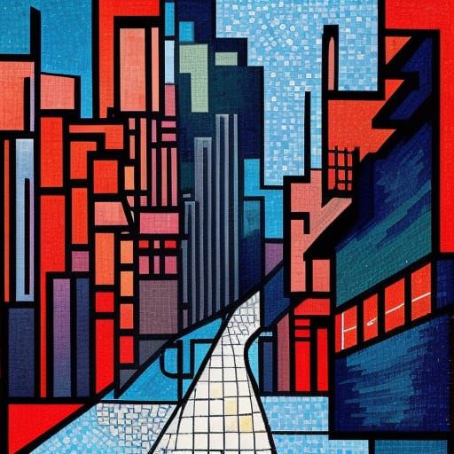 Misty London Street: Byzantine Mosaic in Cubist Style