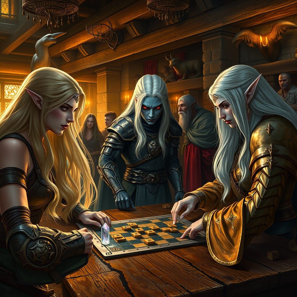 Drow Warrior Engages in Shogi with Elven Opponent in Medieva...