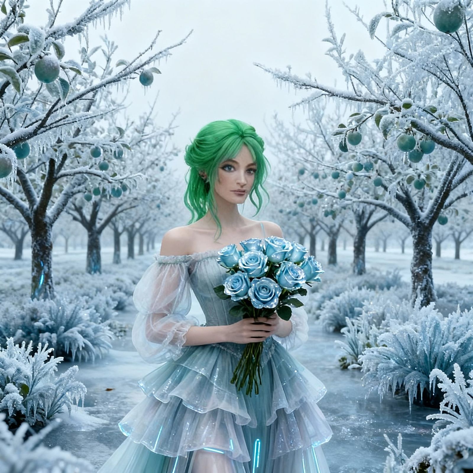 Retro Futuristic Ice Fairy With Green Hair and Ice Roses