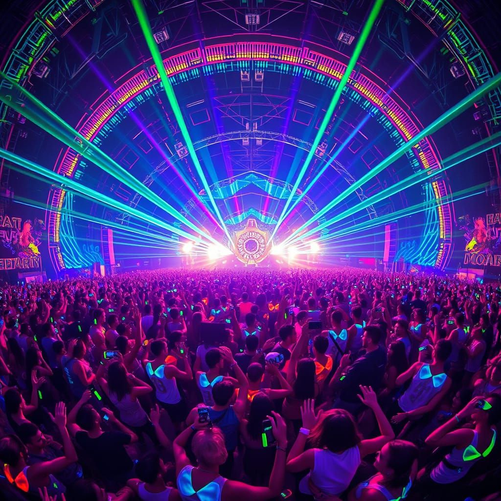 Euphoric Festival Crowd in Explosive Neon Light, 8K